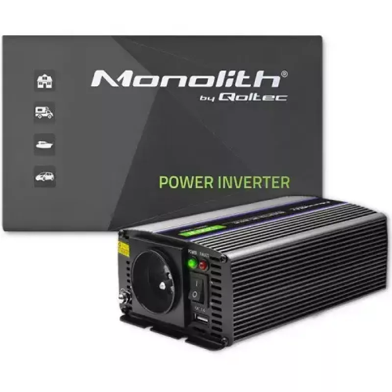 Przetwornica napięcia QOLTEC Monolith 600 W — 12 V na 230 V, USB PD 18 W, samochodowa/wewnętrzna, czarna