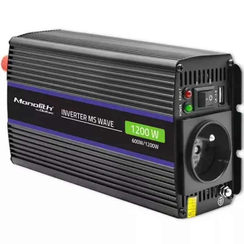Przetwornica napięcia QOLTEC Monolith 600 W — 12 V na 230 V, USB PD 18 W, samochodowa/wewnętrzna, czarna