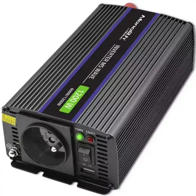 Przetwornica napięcia QOLTEC Monolith 600 W — 12 V na 230 V, USB PD 18 W, samochodowa/wewnętrzna, czarna