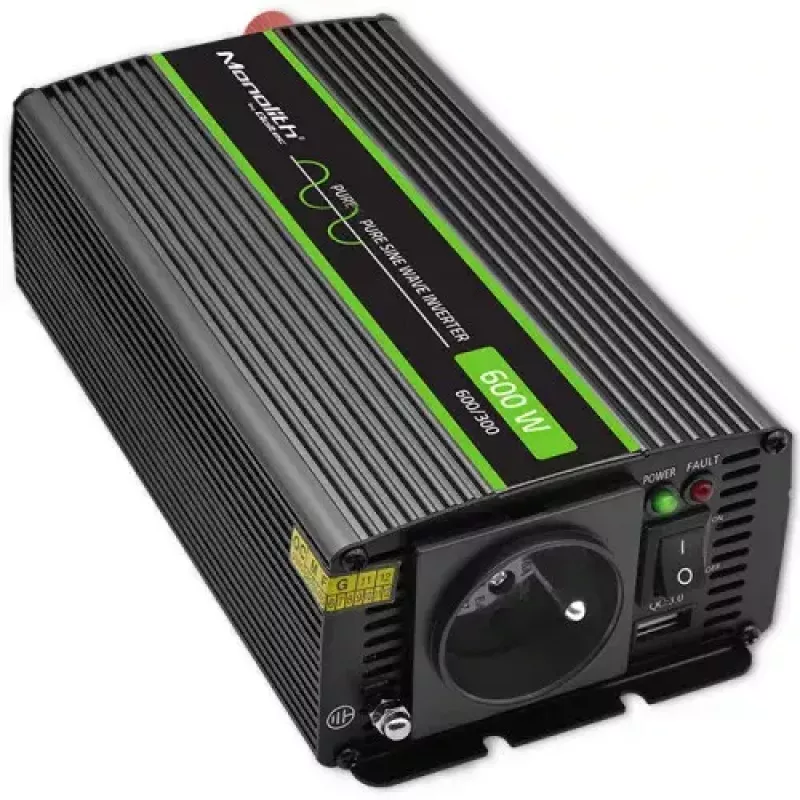 Przetwornica napięcia QOLTEC Monolith 600 W — 12 V na 230 V, USB PD 18 W, samochodowa/wewnętrzna, czarna