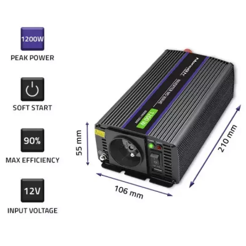 Przetwornica napięcia QOLTEC Monolith 600 W — 12 V na 230 V, USB PD 18 W, samochodowa/wewnętrzna, czarna