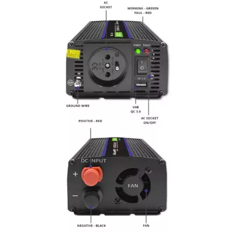 Przetwornica napięcia QOLTEC Monolith 600 W — 12 V na 230 V, USB PD 18 W, samochodowa/wewnętrzna, czarna