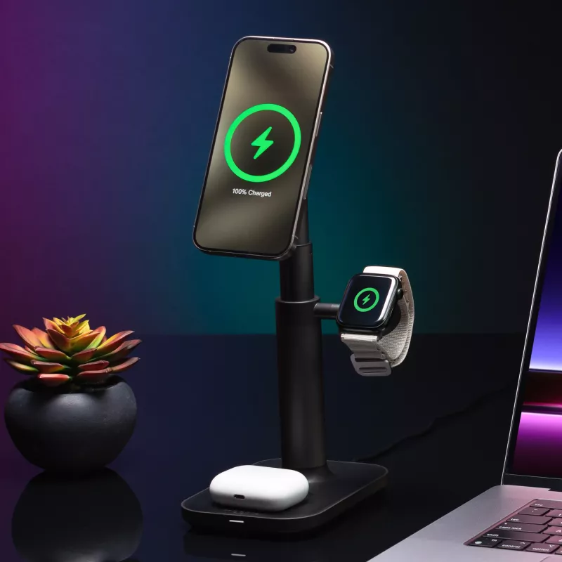 3-w-1 rozkładana podstawka mophie MagSafe wewnętrzna ładowarka USB smartfon smartwatch słuchawki