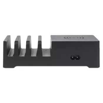 Stacja ładująca Manhattan z nakładką do ładowania bezprzewodowego (odłączaną), 1x bezprzewodowa, 1x USB-C i 4x porty USB-A, wyjście bezprzewodowe: 2A, wyjście USB-C: 3A, wyjścia USB-A: 1x 3A i 3x max. 2,4A, kabel 1m, czarna (kabel zasilający: wtyczka euro 2-pin do złącza C7 ósemkowego)
