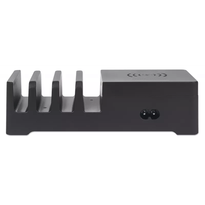 Stacja ładująca Manhattan z nakładką do ładowania bezprzewodowego (odłączaną), 1x bezprzewodowa, 1x USB-C i 4x porty USB-A, wyjście bezprzewodowe: 2A, wyjście USB-C: 3A, wyjścia USB-A: 1x 3A i 3x max. 2,4A, kabel 1m, czarna (kabel zasilający: wtyczka euro 2-pin do złącza C7 ósemkowego)