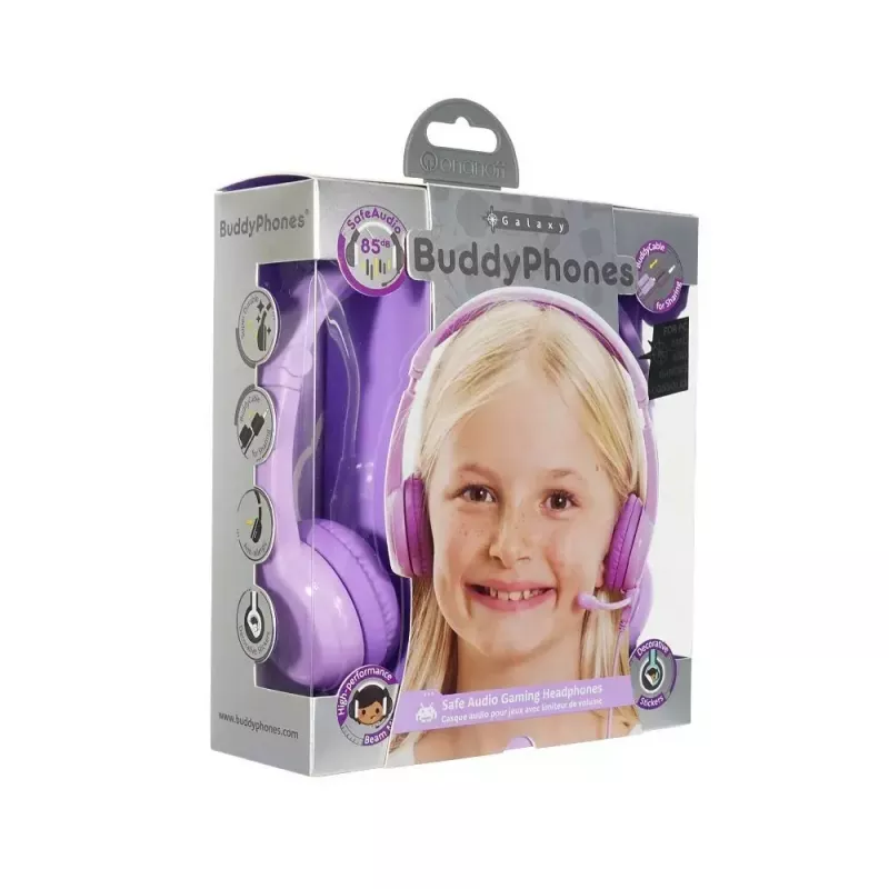 Headphones buddy phones Galaxy lilac — over-ear kids headphone, adjustable headband, volume-limited
