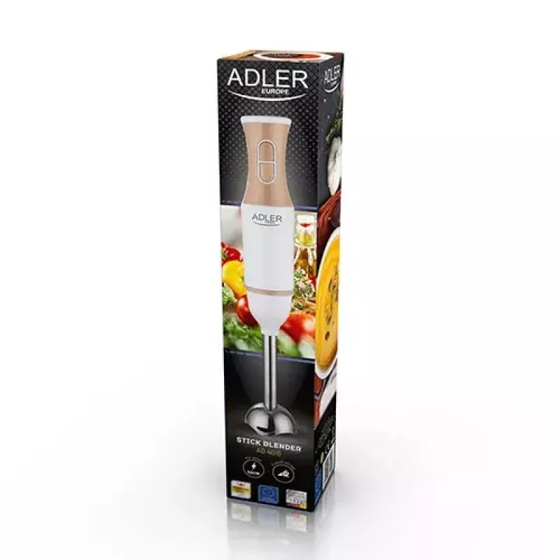 Blender ręczny Adler AD 4616 — ręczny blender zanurzeniowy, 500 W maks., 2 prędkości, ostrza ze stali nierdzewnej, biały
