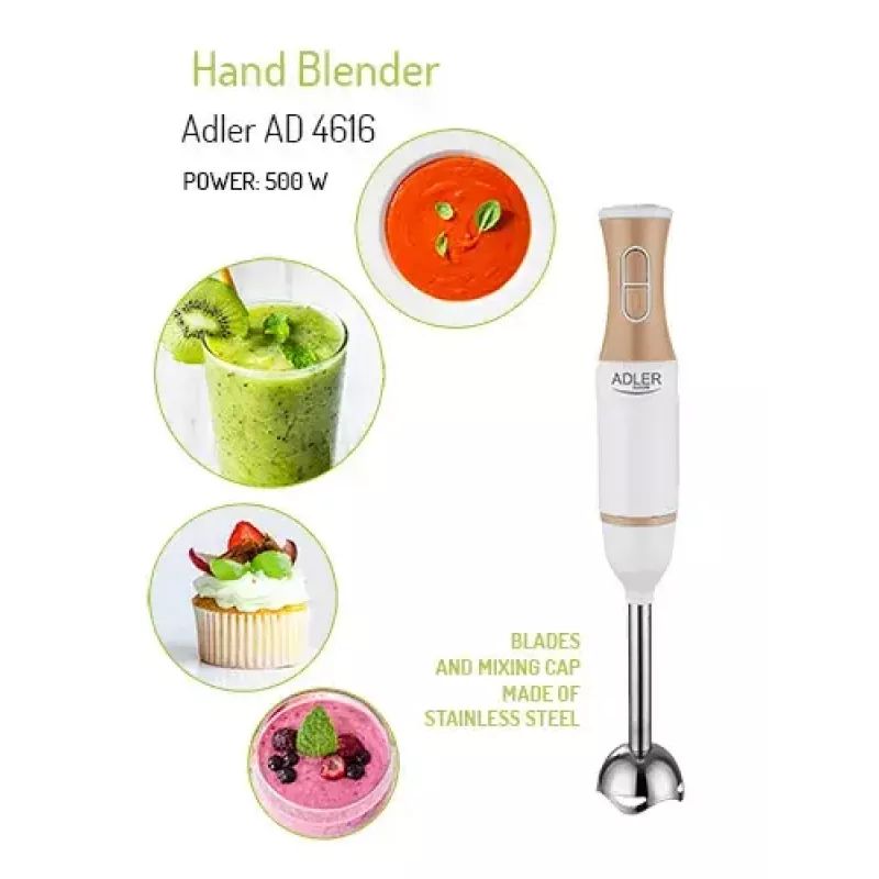 Blender ręczny Adler AD 4616 — ręczny blender zanurzeniowy, 500 W maks., 2 prędkości, ostrza ze stali nierdzewnej, biały