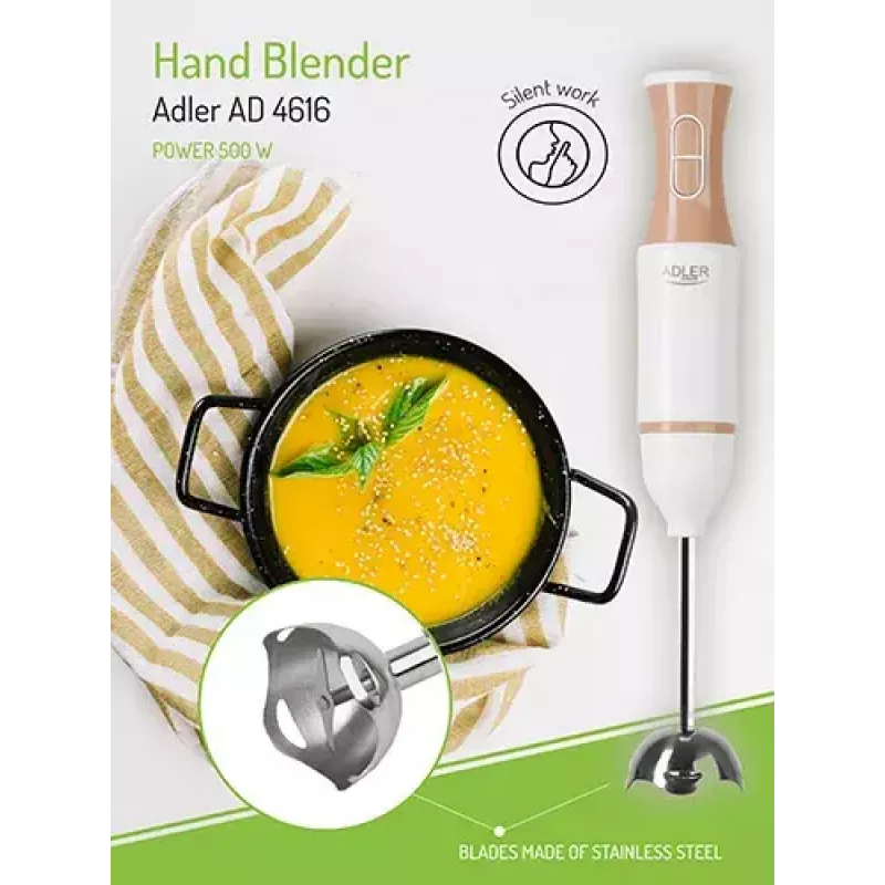 Blender ręczny Adler AD 4616 — ręczny blender zanurzeniowy, 500 W maks., 2 prędkości, ostrza ze stali nierdzewnej, biały