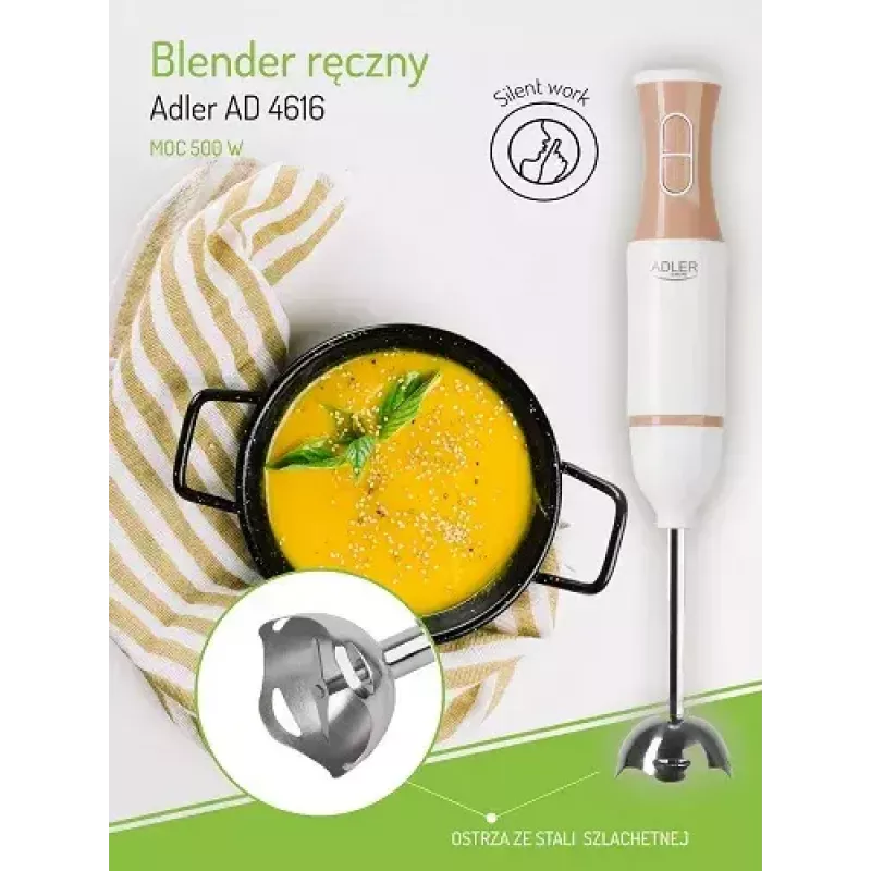 Blender ręczny Adler AD 4616 — ręczny blender zanurzeniowy, 500 W maks., 2 prędkości, ostrza ze stali nierdzewnej, biały