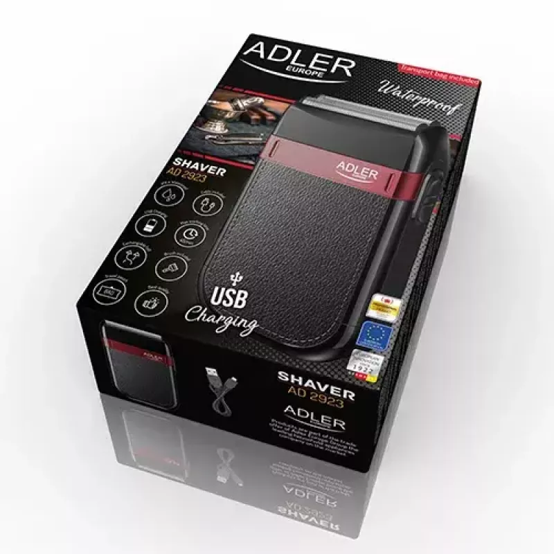 Golarka foliowa Adler AD 2923 — męska golarka foliowa, 2 ostrza, na mokro i sucho, 45 min akumulator, sterowanie suwakiem, czarna