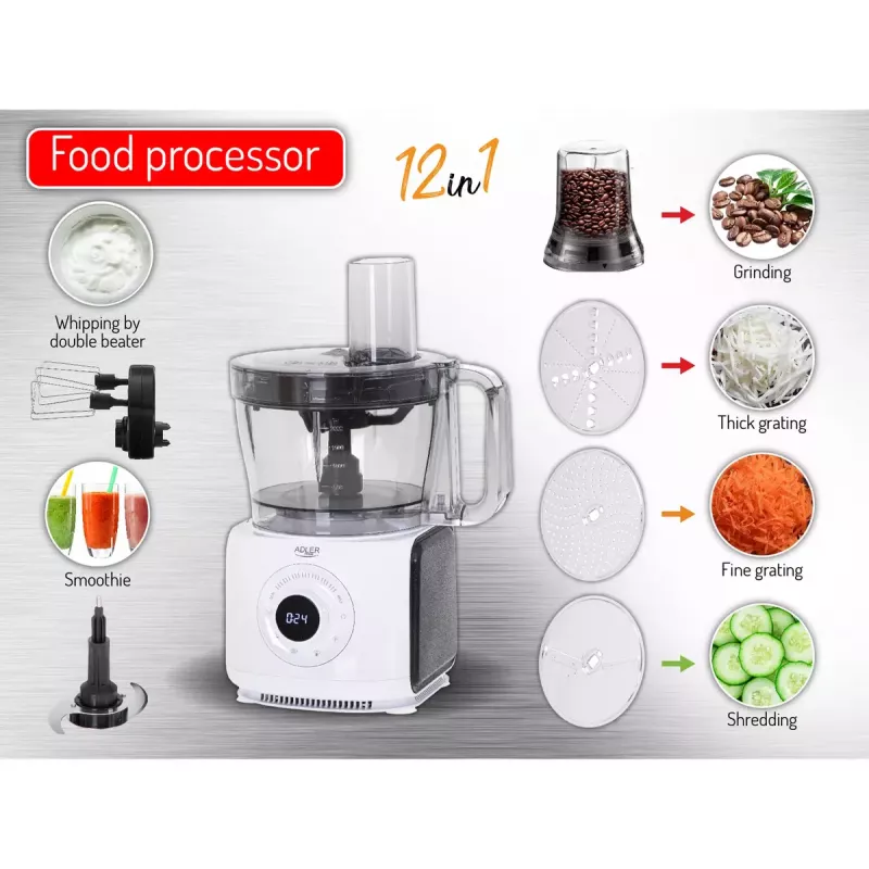 Adler AD 4224 robot kuchenny, 1000 W, miska 2 l, 7 prędkości, biały