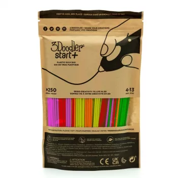 Zestaw filamentów do druku 3D 3DOODLER Start+, 250 szt., średnica 2,5 mm, kompostowalne kolory fluorescencyjne (czerwony neonowy, pomarańczowy, zielony, żółty, różowy)