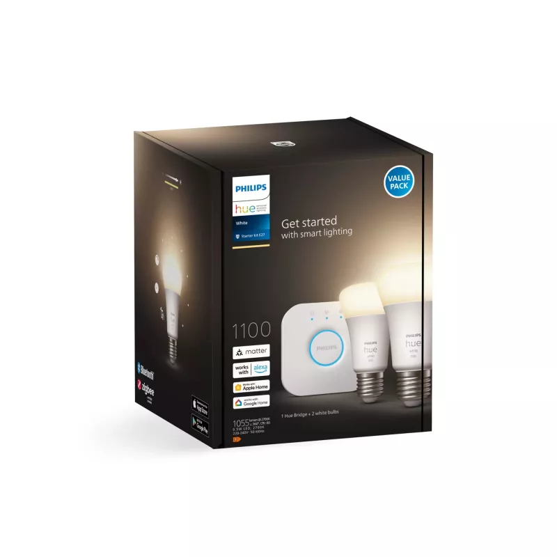 Philips Hue biały Zestaw startowy: 2 inteligentne żarówki E27 (1100), Zestaw inteligentnego oświetlenia, Bluetooth/Zigbee, Biały, LED, E27, A60