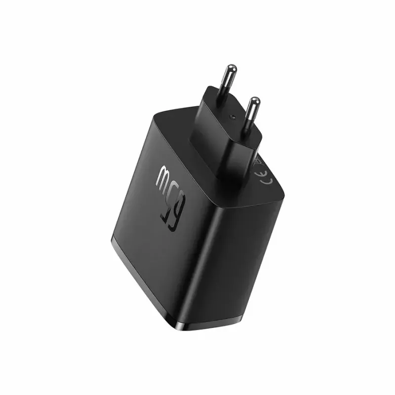 Szybka ładowarka Baseus Cube Pro 65W — 3 porty (2×USB-C, 1×USB-A), 110–240V, AC do użytku wewnętrznego, uniwersalna kompatybilność, czarna, 0,154 kg