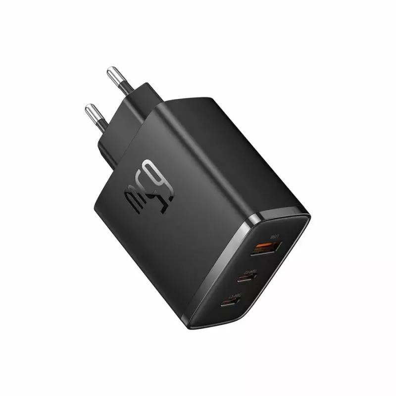 Szybka ładowarka Baseus Cube Pro 65W — 3 porty (2×USB-C, 1×USB-A), 110–240V, AC do użytku wewnętrznego, uniwersalna kompatybilność, czarna, 0,154 kg