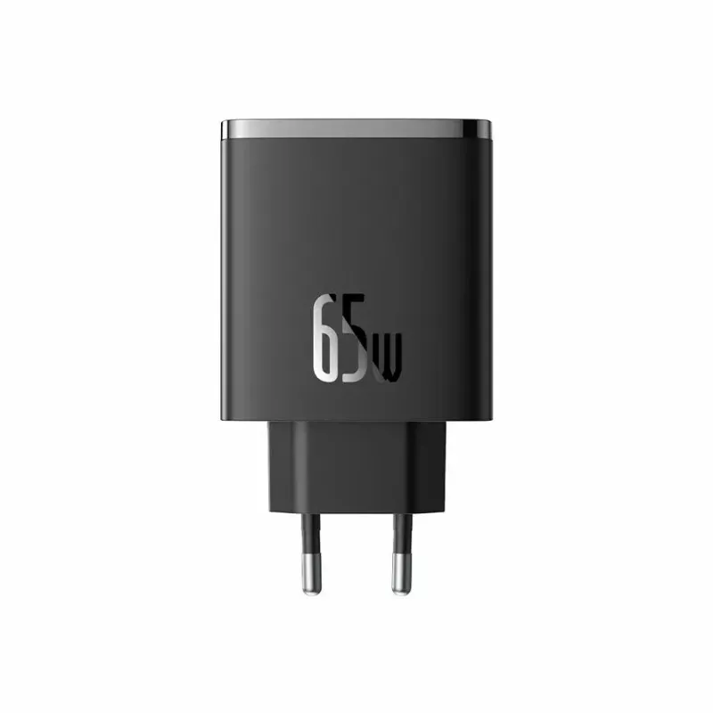 Szybka ładowarka Baseus Cube Pro 65W — 3 porty (2×USB-C, 1×USB-A), 110–240V, AC do użytku wewnętrznego, uniwersalna kompatybilność, czarna, 0,154 kg