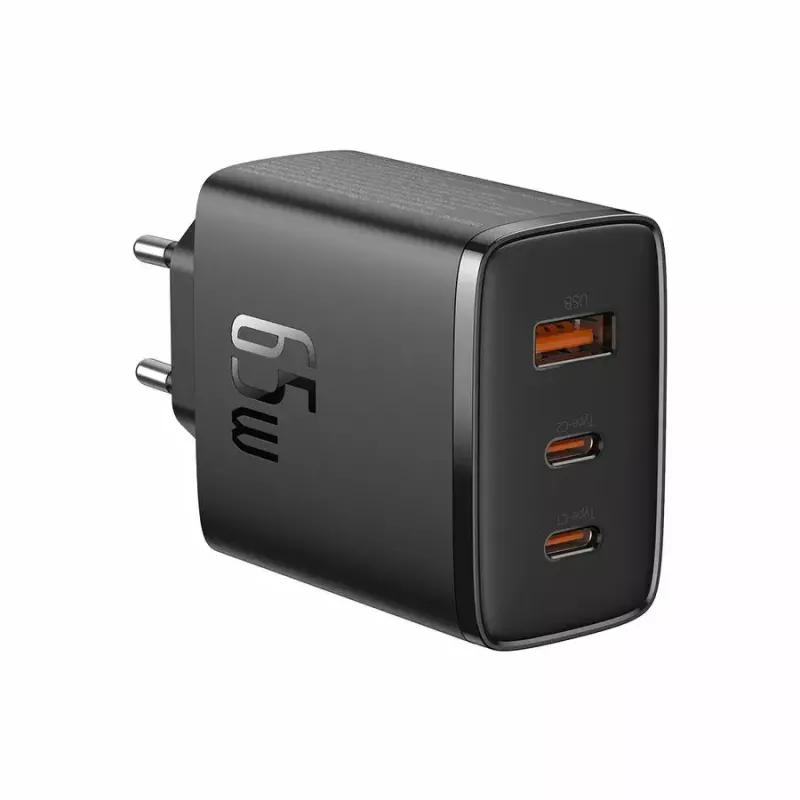 Szybka ładowarka Baseus Cube Pro 65W — 3 porty (2×USB-C, 1×USB-A), 110–240V, AC do użytku wewnętrznego, uniwersalna kompatybilność, czarna, 0,154 kg