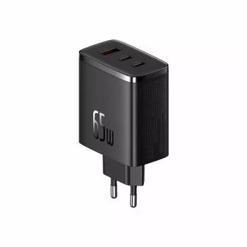Szybka ładowarka Baseus Cube Pro 65W — 3 porty (2×USB-C, 1×USB-A), 110–240V, AC do użytku wewnętrznego, uniwersalna kompatybilność, czarna, 0,154 kg