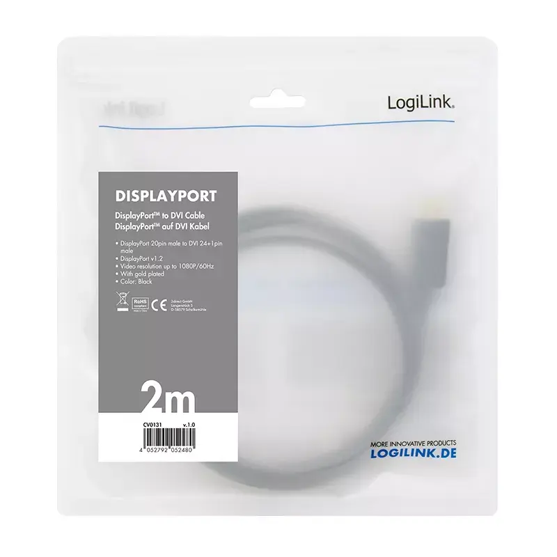 Adapterski kabel wideo LogiLink CV0130 1m DisplayPort DVI Czarny