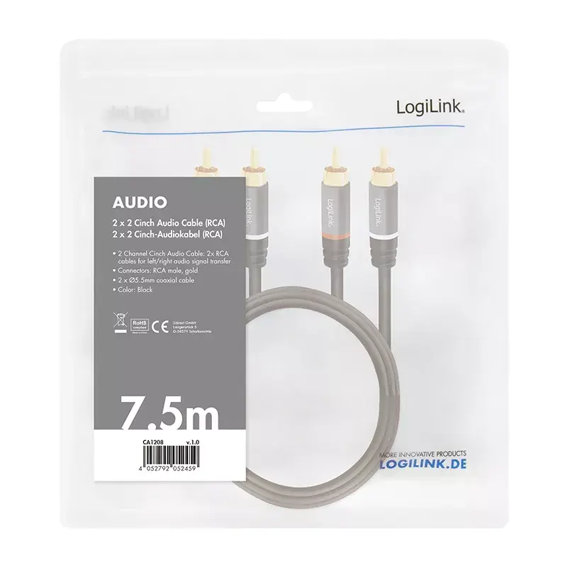 Kabel audio LogiLink CA1208 7,5 m 2 x RCA czarny