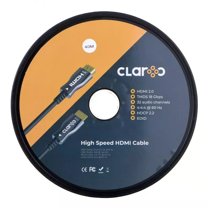 Światłowodowy kabel HDMI claroc FEN-HDMI-20-40M, aktywny kabel optyczny (AOC) HDMI 2.0, 4K, 40 m