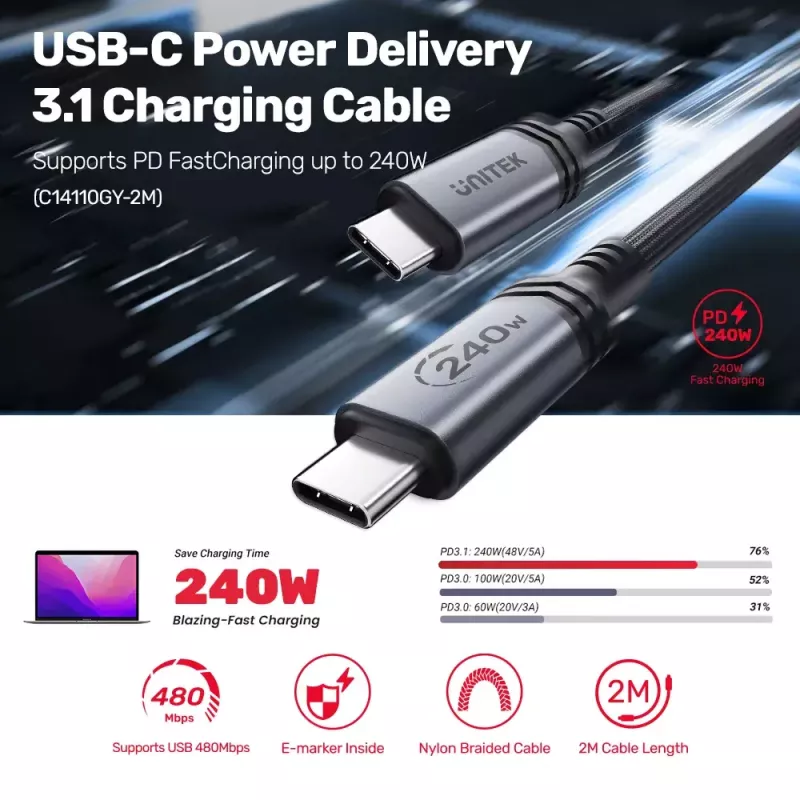 Kabel USB-C na USB-C Unitek C14110GY-2M USB 3.2 Gen 1, 2 m, 5 A, 240 W, czarny