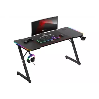 Biurko gamingowe huzaro Hero 3.3 RGB — czarny prosty blat 1400x600 mm, oświetlenie LED, uchwyt na kubek, haczyk na słuchawki