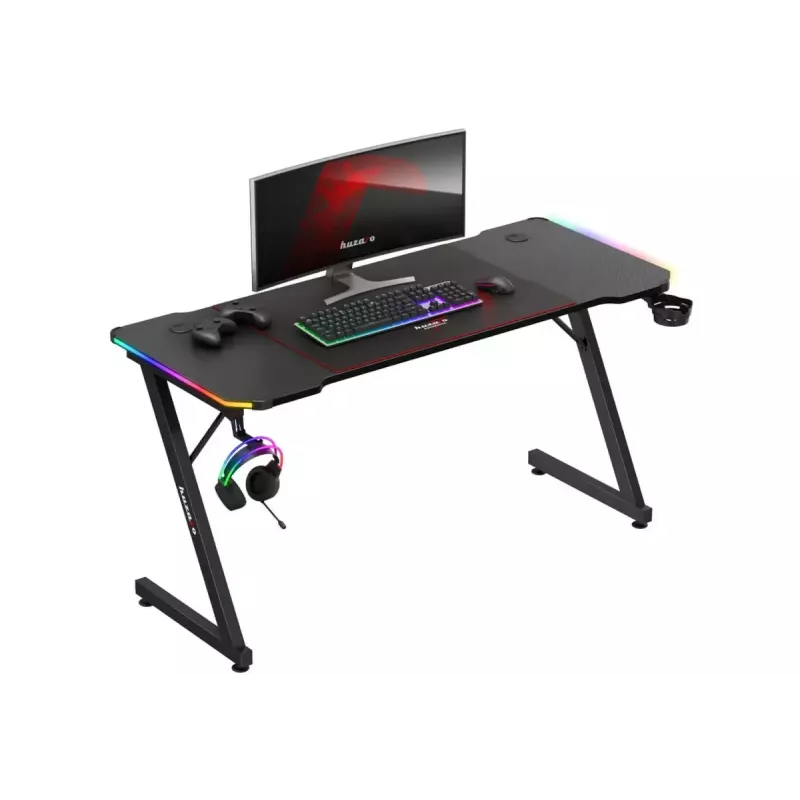 Biurko gamingowe huzaro Hero 3.3 RGB — czarny prosty blat 1400x600 mm, oświetlenie LED, uchwyt na kubek, haczyk na słuchawki