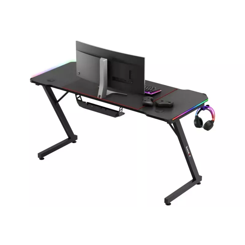 Biurko gamingowe huzaro Hero 3.3 RGB — czarny prosty blat 1400x600 mm, oświetlenie LED, uchwyt na kubek, haczyk na słuchawki