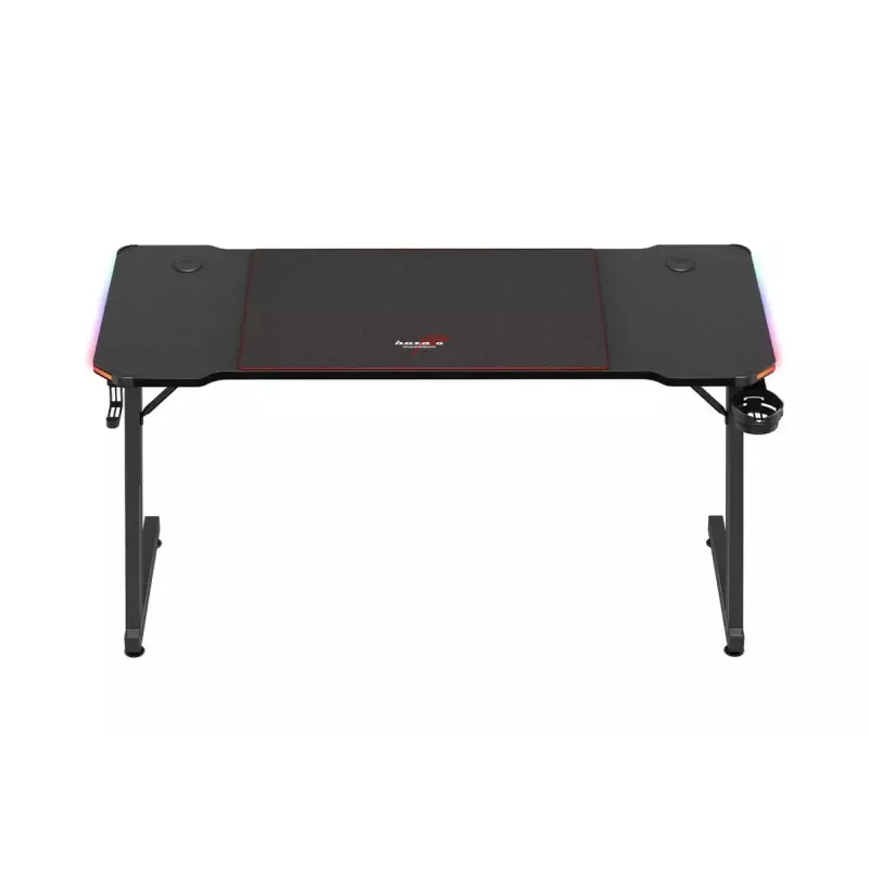 Biurko gamingowe huzaro Hero 3.3 RGB — czarny prosty blat 1400x600 mm, oświetlenie LED, uchwyt na kubek, haczyk na słuchawki