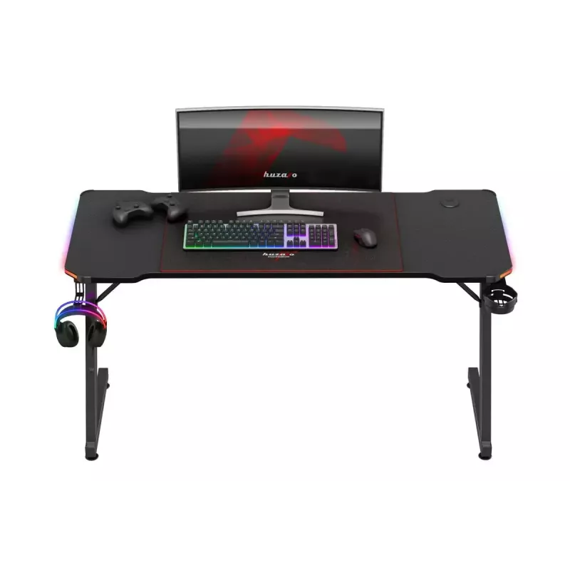 Biurko gamingowe huzaro Hero 3.3 RGB — czarny prosty blat 1400x600 mm, oświetlenie LED, uchwyt na kubek, haczyk na słuchawki