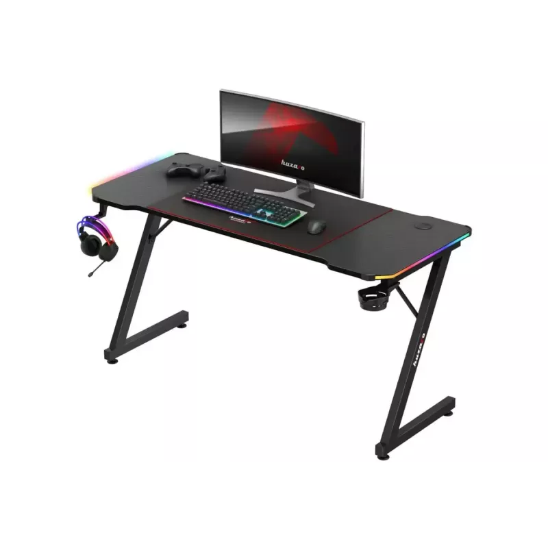 Biurko gamingowe huzaro Hero 3.3 RGB — czarny prosty blat 1400x600 mm, oświetlenie LED, uchwyt na kubek, haczyk na słuchawki