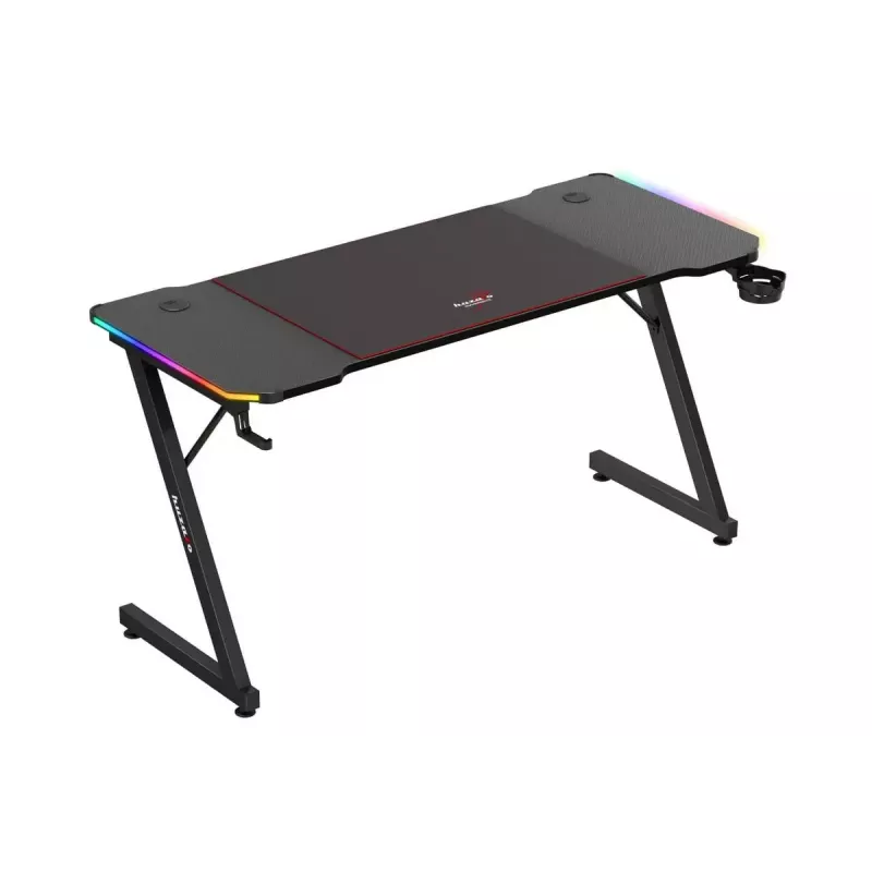 Biurko gamingowe huzaro Hero 3.3 RGB — czarny prosty blat 1400x600 mm, oświetlenie LED, uchwyt na kubek, haczyk na słuchawki