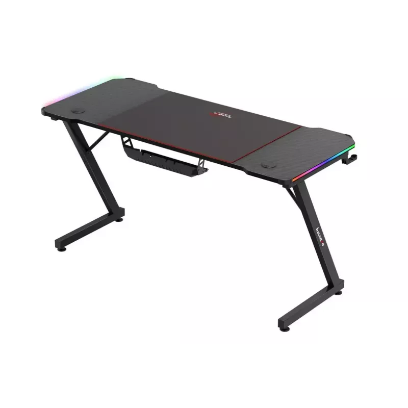 Biurko gamingowe huzaro Hero 3.3 RGB — czarny prosty blat 1400x600 mm, oświetlenie LED, uchwyt na kubek, haczyk na słuchawki
