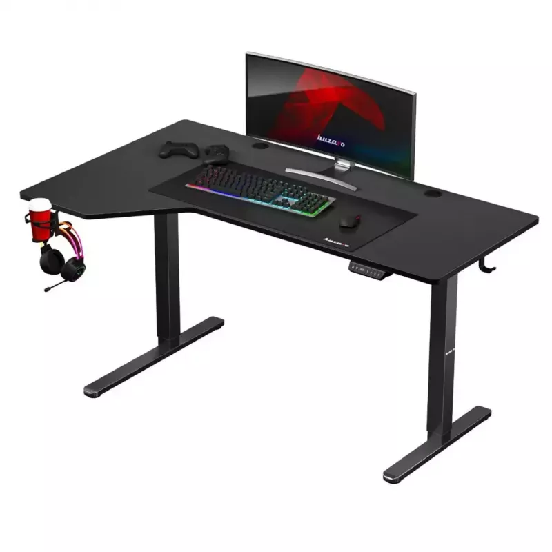 Biurko gamingowe huzaro Hero 9.1 Czarny — blat MDF w kształcie litery L, ładowanie USB-C, sterowanie LED, regulowana wysokość 72–118 cm