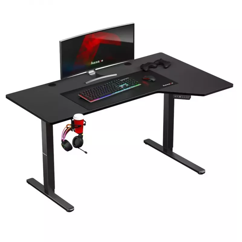 Biurko gamingowe huzaro Hero 9.1 Czarny — blat MDF w kształcie litery L, ładowanie USB-C, sterowanie LED, regulowana wysokość 72–118 cm