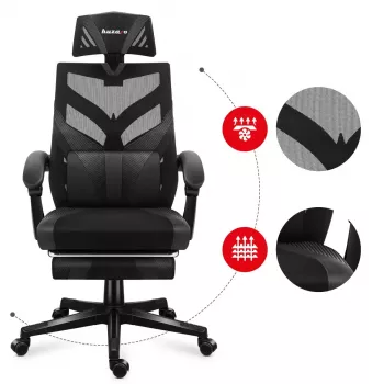 Fotel gamingowy Huzaro Combat 5.0 Mesh seat Czarny — siedzisko mesh, oddychające oparcie, pochylenie 90–140°, maks. obciążenie 140 kg, podłokietniki, podnóżek