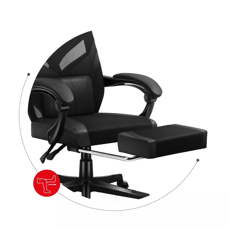 Fotel gamingowy Huzaro Combat 5.0 Mesh seat Czarny — siedzisko mesh, oddychające oparcie, pochylenie 90–140°, maks. obciążenie 140 kg, podłokietniki, podnóżek