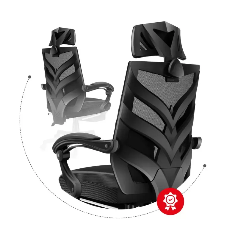 Fotel gamingowy Huzaro Combat 5.0 Mesh seat Czarny — siedzisko mesh, oddychające oparcie, pochylenie 90–140°, maks. obciążenie 140 kg, podłokietniki, podnóżek