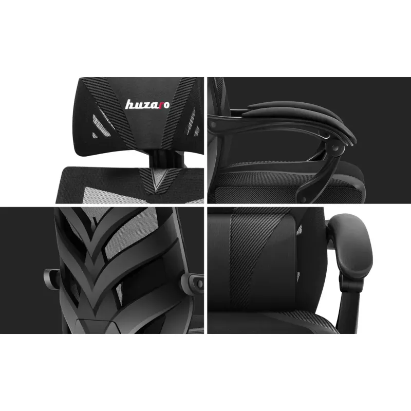Fotel gamingowy Huzaro Combat 5.0 Mesh seat Czarny — siedzisko mesh, oddychające oparcie, pochylenie 90–140°, maks. obciążenie 140 kg, podłokietniki, podnóżek