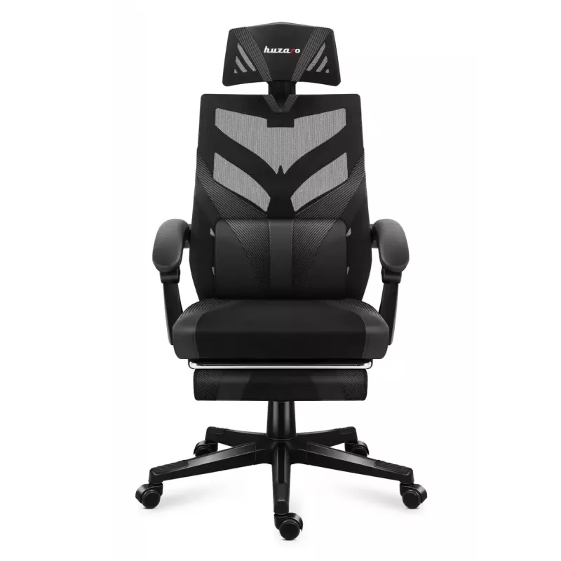 Fotel gamingowy Huzaro Combat 5.0 Mesh seat Czarny — siedzisko mesh, oddychające oparcie, pochylenie 90–140°, maks. obciążenie 140 kg, podłokietniki, podnóżek