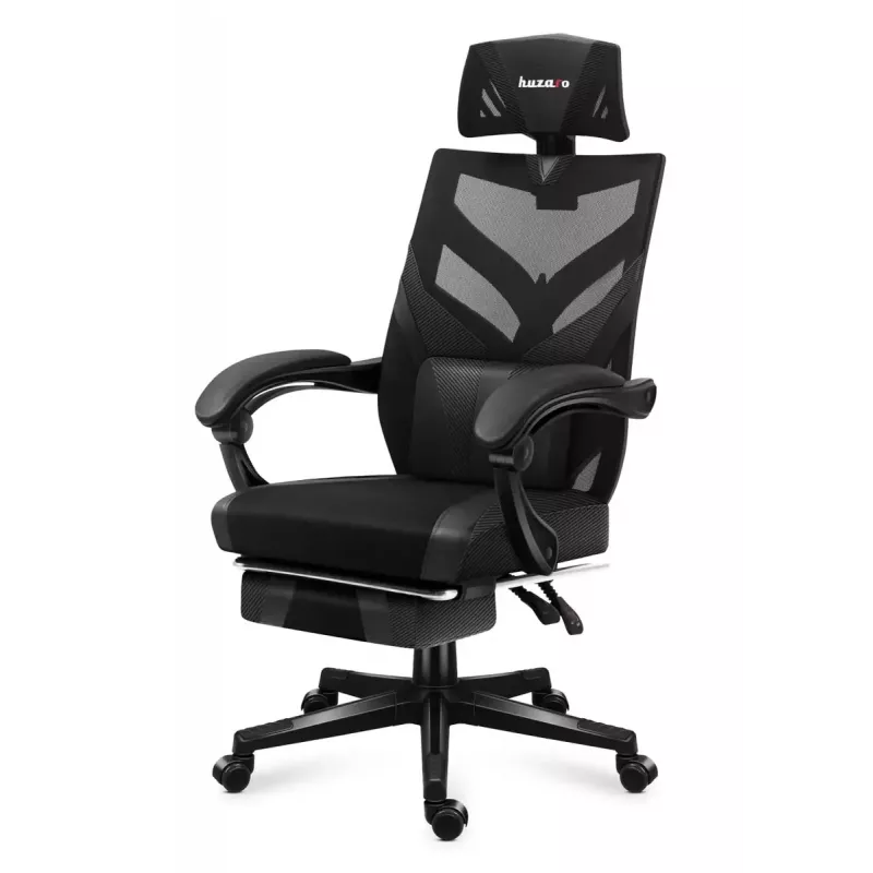 Fotel gamingowy Huzaro Combat 5.0 Mesh seat Czarny — siedzisko mesh, oddychające oparcie, pochylenie 90–140°, maks. obciążenie 140 kg, podłokietniki, podnóżek