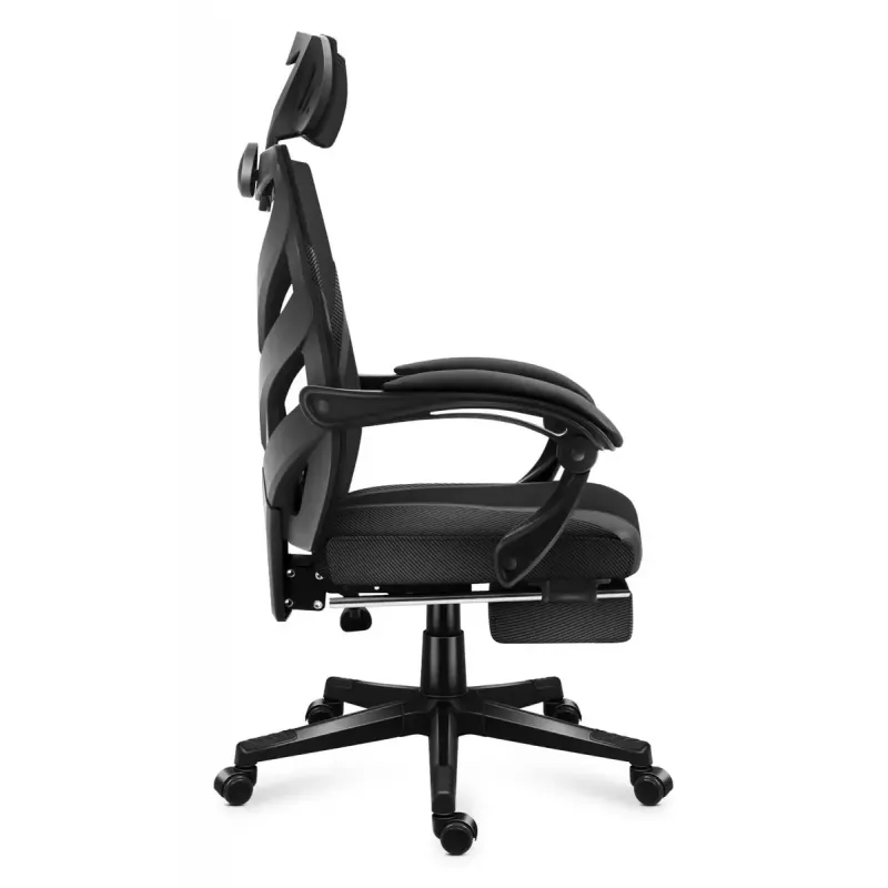 Fotel gamingowy Huzaro Combat 5.0 Mesh seat Czarny — siedzisko mesh, oddychające oparcie, pochylenie 90–140°, maks. obciążenie 140 kg, podłokietniki, podnóżek