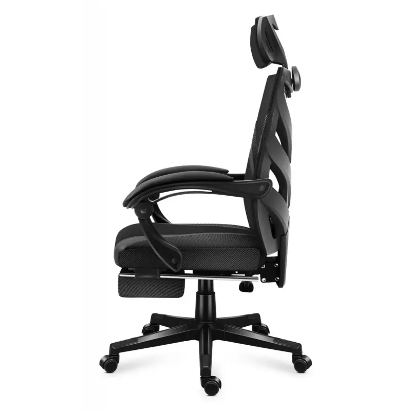 Fotel gamingowy Huzaro Combat 5.0 Mesh seat Czarny — siedzisko mesh, oddychające oparcie, pochylenie 90–140°, maks. obciążenie 140 kg, podłokietniki, podnóżek