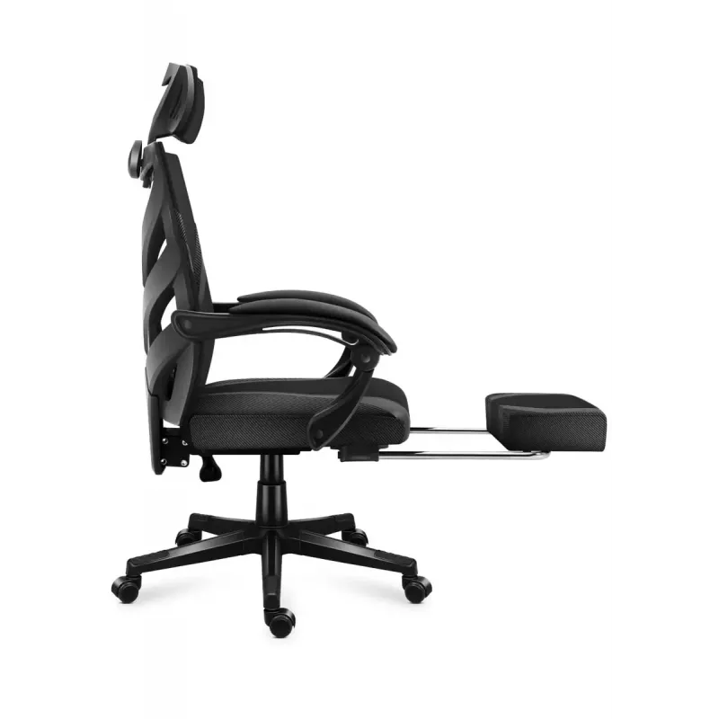 Fotel gamingowy Huzaro Combat 5.0 Mesh seat Czarny — siedzisko mesh, oddychające oparcie, pochylenie 90–140°, maks. obciążenie 140 kg, podłokietniki, podnóżek