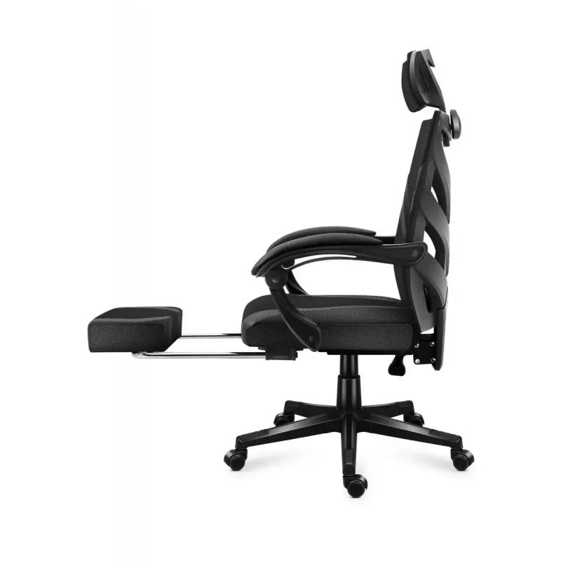 Fotel gamingowy Huzaro Combat 5.0 Mesh seat Czarny — siedzisko mesh, oddychające oparcie, pochylenie 90–140°, maks. obciążenie 140 kg, podłokietniki, podnóżek