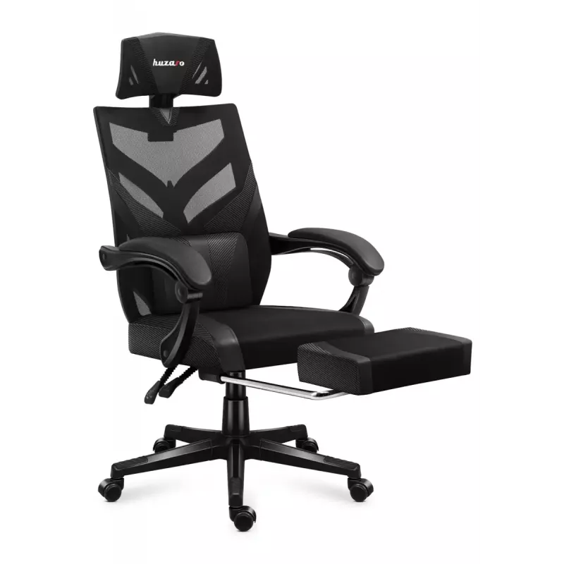 Fotel gamingowy Huzaro Combat 5.0 Mesh seat Czarny — siedzisko mesh, oddychające oparcie, pochylenie 90–140°, maks. obciążenie 140 kg, podłokietniki, podnóżek