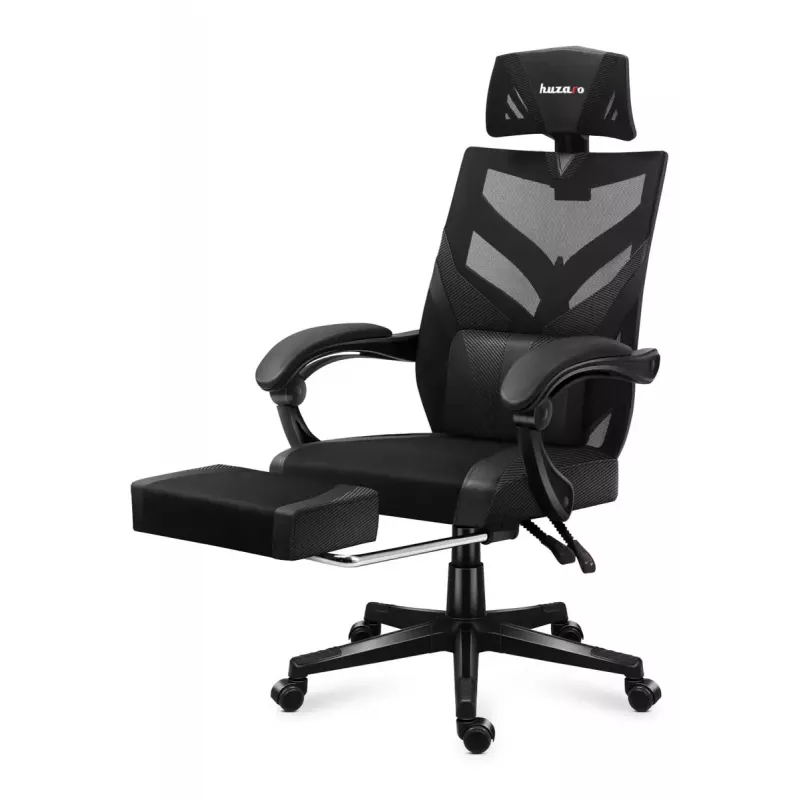 Fotel gamingowy Huzaro Combat 5.0 Mesh seat Czarny — siedzisko mesh, oddychające oparcie, pochylenie 90–140°, maks. obciążenie 140 kg, podłokietniki, podnóżek