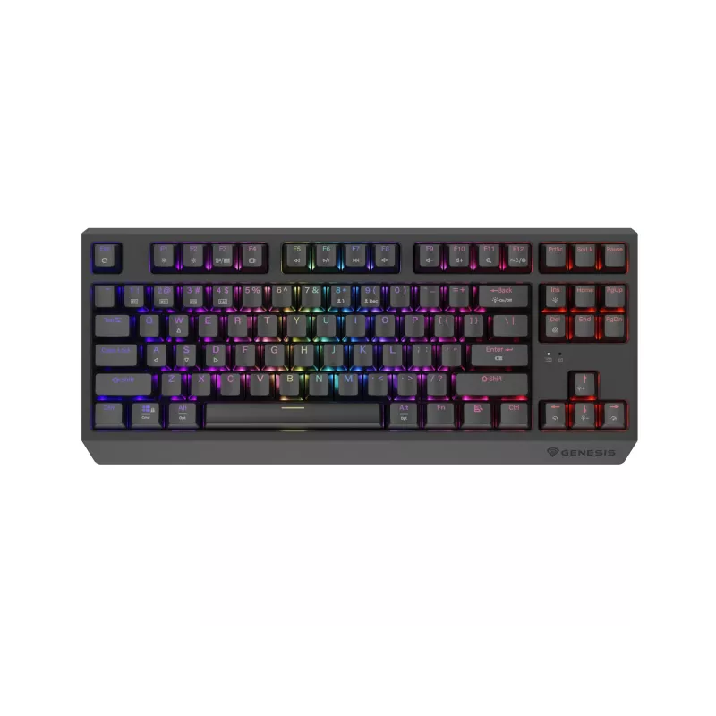 Mechaniczna klawiatura gamingowa bez bloku numerycznego GENESIS Thor 230 TKL — USB, RF Wireless, Bluetooth, 87-klawiszowa QWERTY, Szary